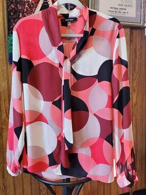 Nine West Pink Multi-Color Tie-Neck Blouse